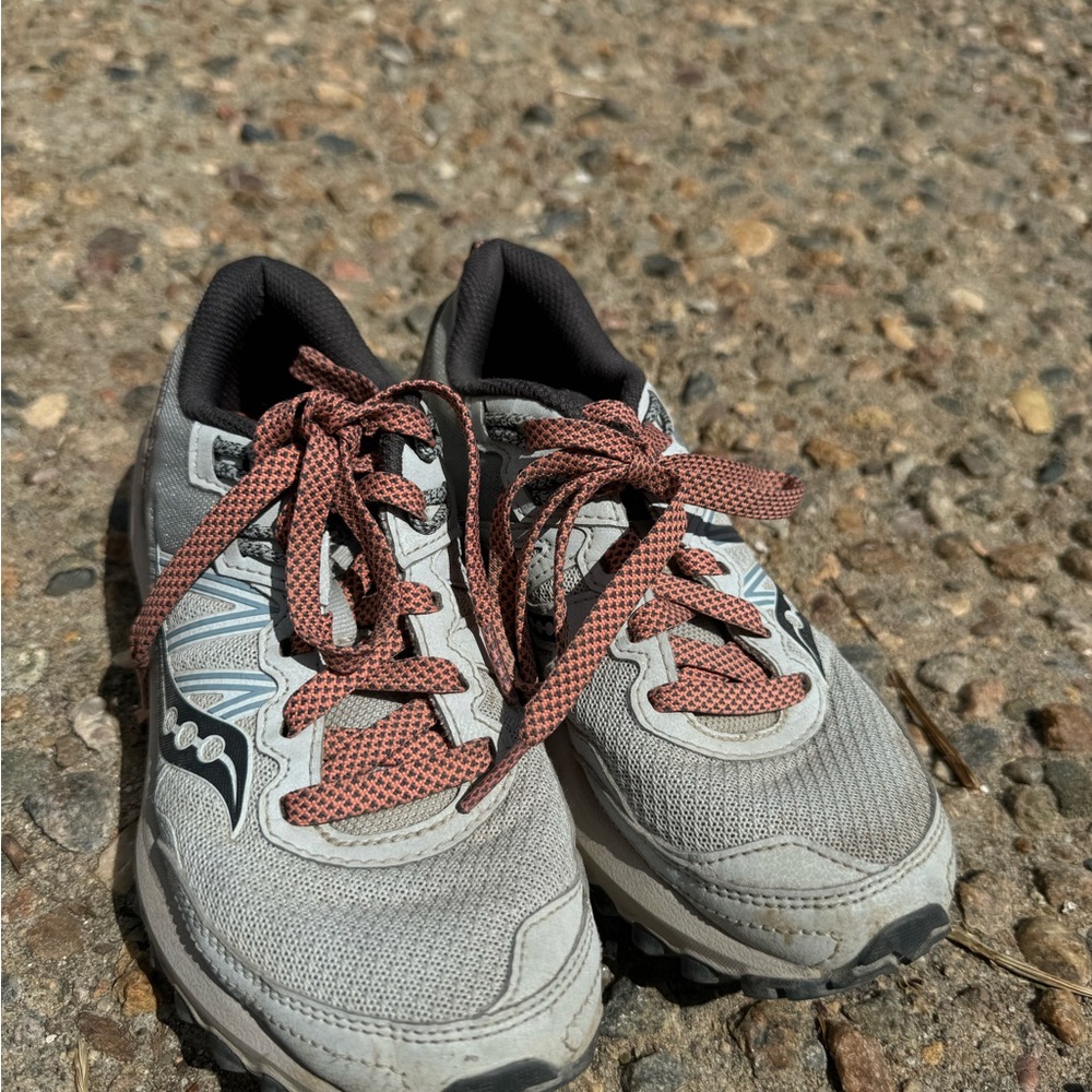 Gray and Black Athletic Shoes with Red Laces